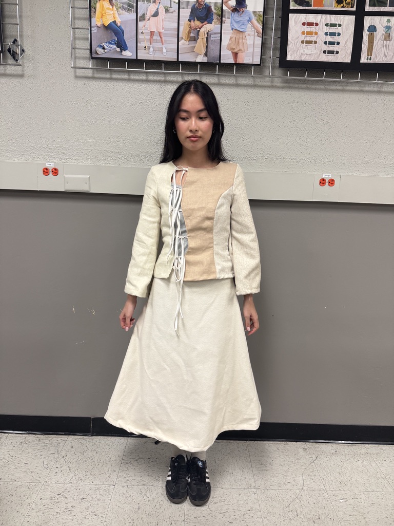 Cream fit sample on model, front view