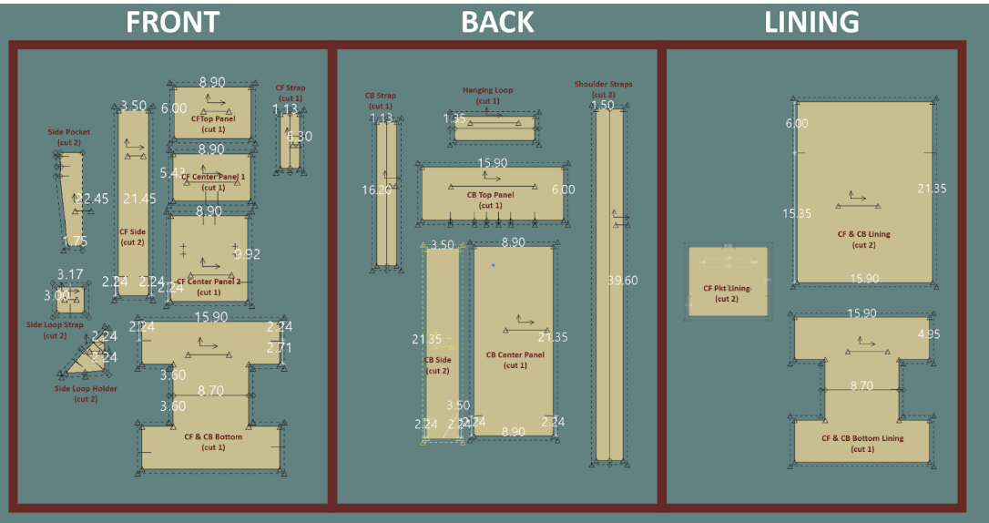 Range Backpack full pattern layout — front, back, and lining pieces