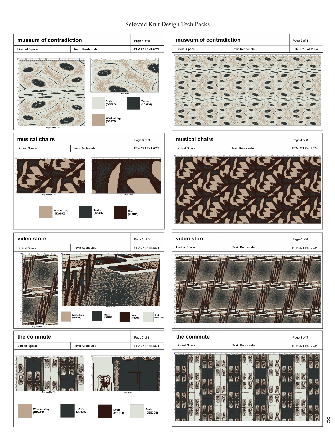 Selected Knit Design Tech Packs — museum of contradiction, musical chairs, video store, the commute
