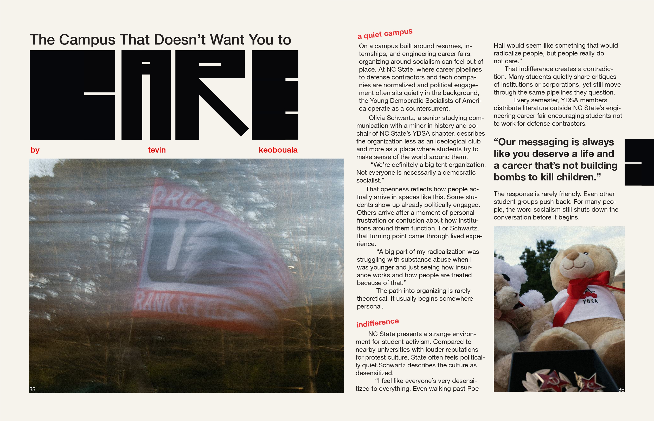 The Campus That Doesn't Want You to Care — Reframe Magazine spread